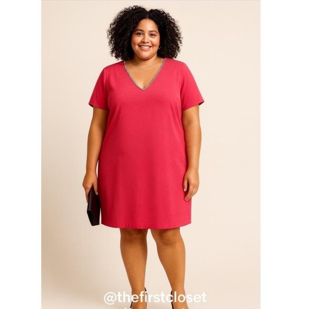 The Limited Dress Womans 16‎ Plus Size Coral Embellished V-Neck Shift